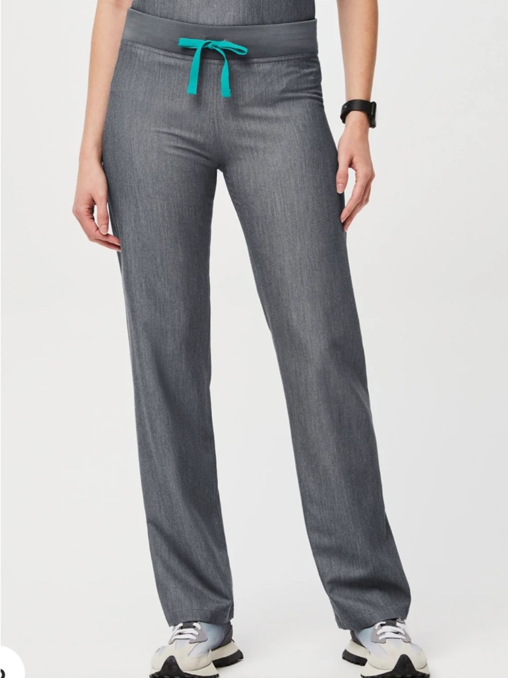 FIGS Heathered Gray Scrub Pants with Teal Drawstring